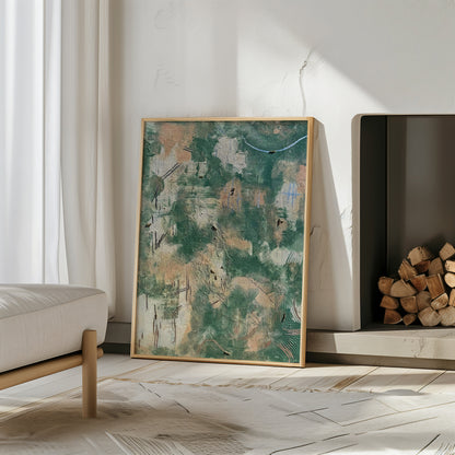 'Green in Harmony' Poster, Grün Beige Silberne Wandkunst, Elegante Wanddeko, Abstrakte Kunst - Hochwertiges Künstlerpapier, seidenmatt