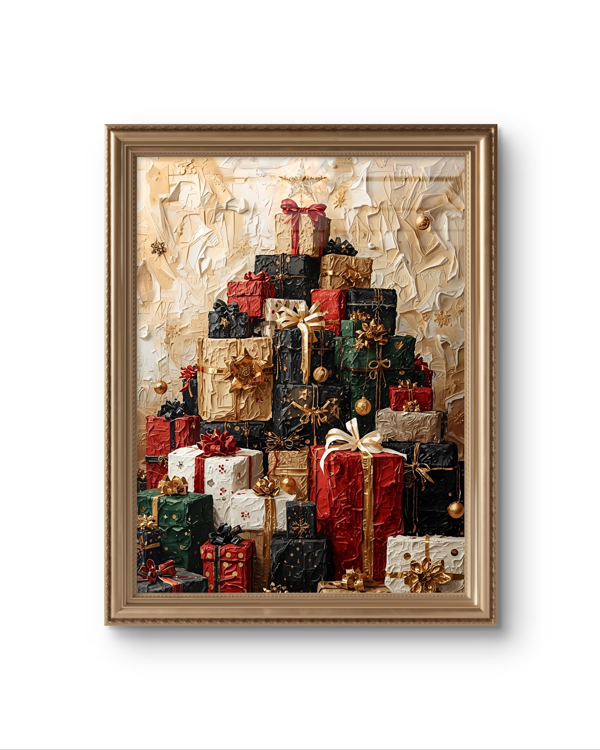 Modernes Weihnachtsposter als Fine Art Print – abstrakter Berg aus festlichen Geschenken in warmen Goldtönen. Edle Weihnachtskunst für stilvolle Interior-Dekoration.