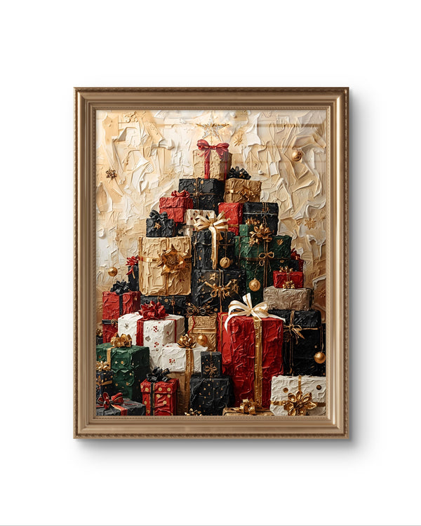 Modernes Weihnachtsposter als Fine Art Print – abstrakter Berg aus festlichen Geschenken in warmen Goldtönen. Edle Weihnachtskunst für stilvolle Interior-Dekoration.