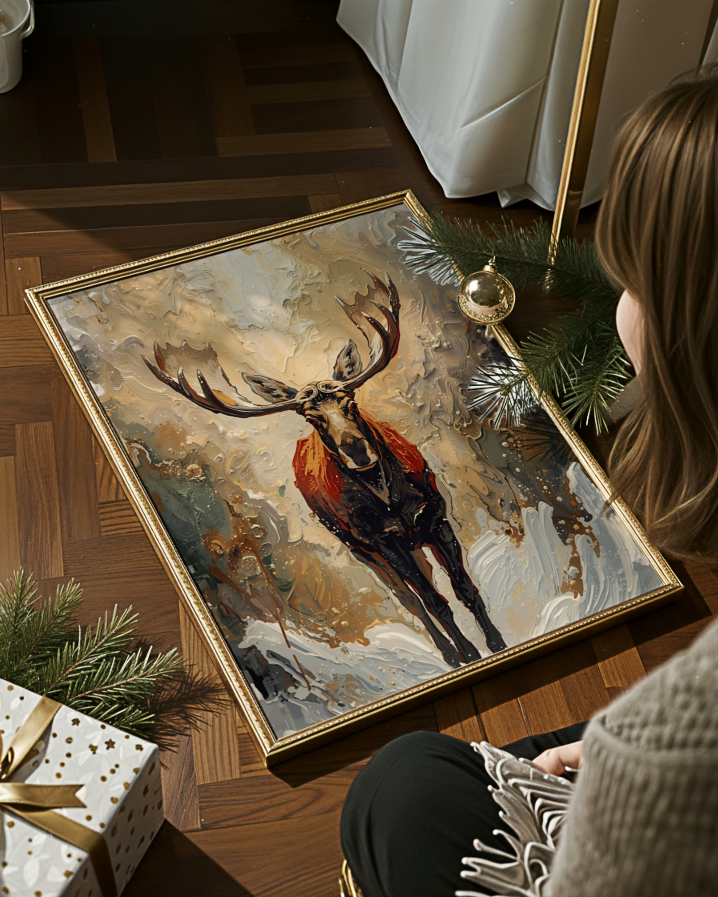 Elegantes Winterposter als Fine Art Print mit abstrakten Rentieren im Schnee. Edle Weihnachtskunst in gold beigen Tönen – moderne Wanddekoration für die Winterzeit.