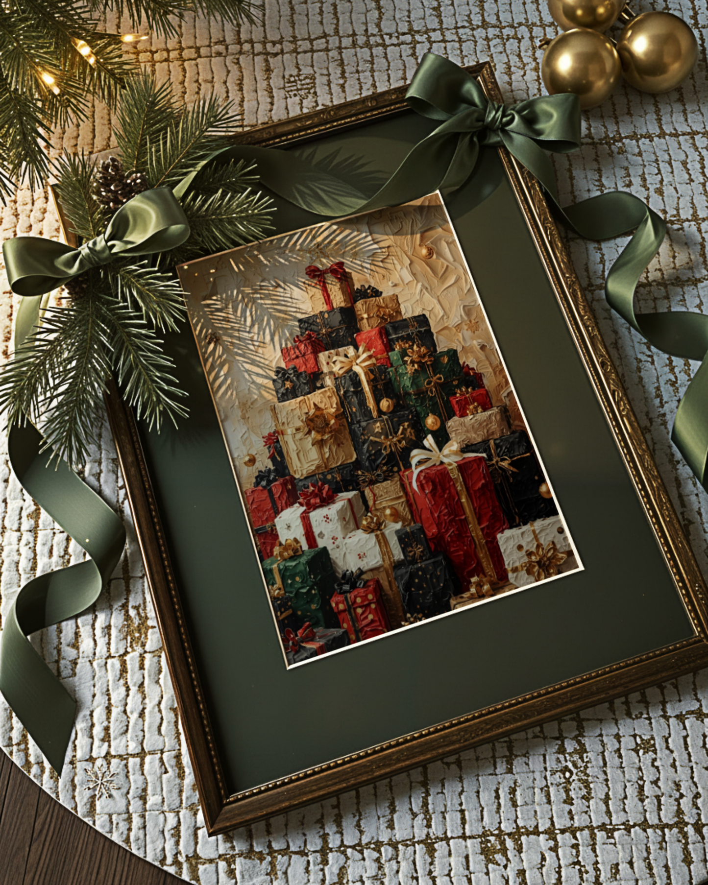 Modernes Weihnachtsposter als Fine Art Print – abstrakter Berg aus festlichen Geschenken in warmen Goldtönen. Edle Weihnachtskunst für stilvolle Interior-Dekoration.