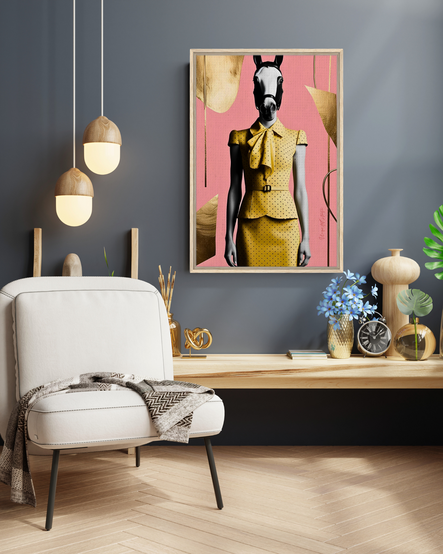 Italian Horse Lady - Extravagante gerahmte Leinwand, Holzrahmen, Luxury Decor, Framed Canva, Italian Design, Trendy Wall Art