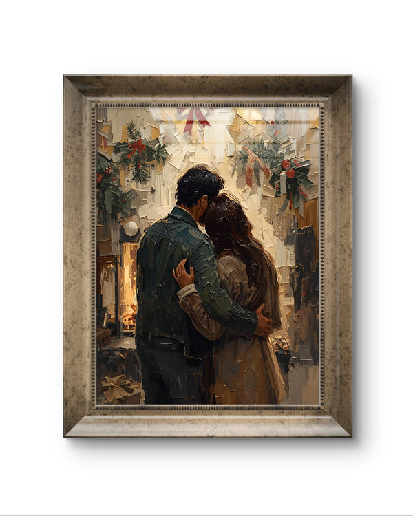 Abstraktes Weihnachtsposter als Fine Art Print mit einem Paar in der Winterzeit. Warmes Licht, sanfte Farben und elegante Formen – moderne Christmas Wall Art voller Zärtlichkeit und festlicher Stimmung.