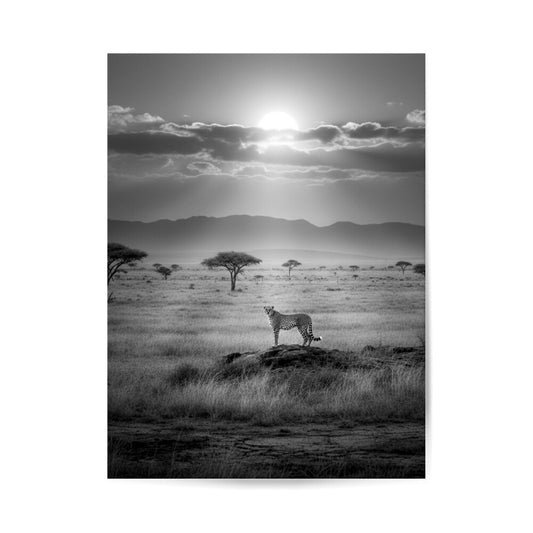 ästhetisches poster eines Geparden schwarz weiß poster, minimalistisches poster, ästhetische Wildnis, afrikanische Landschaft