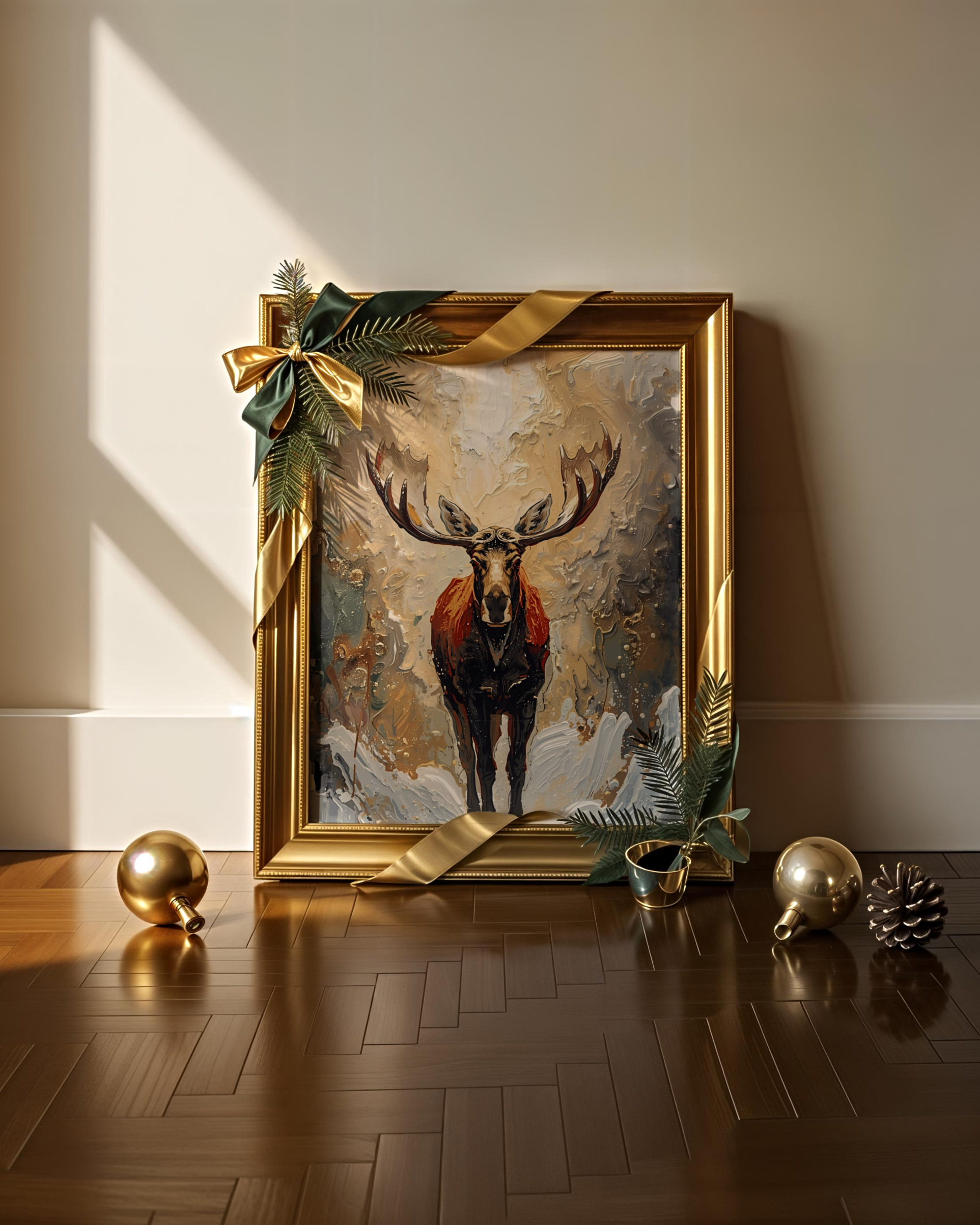 Elegantes Winterposter als Fine Art Print mit abstrakten Rentieren im Schnee. Edle Weihnachtskunst in gold beigen Tönen – moderne Wanddekoration für die Winterzeit.