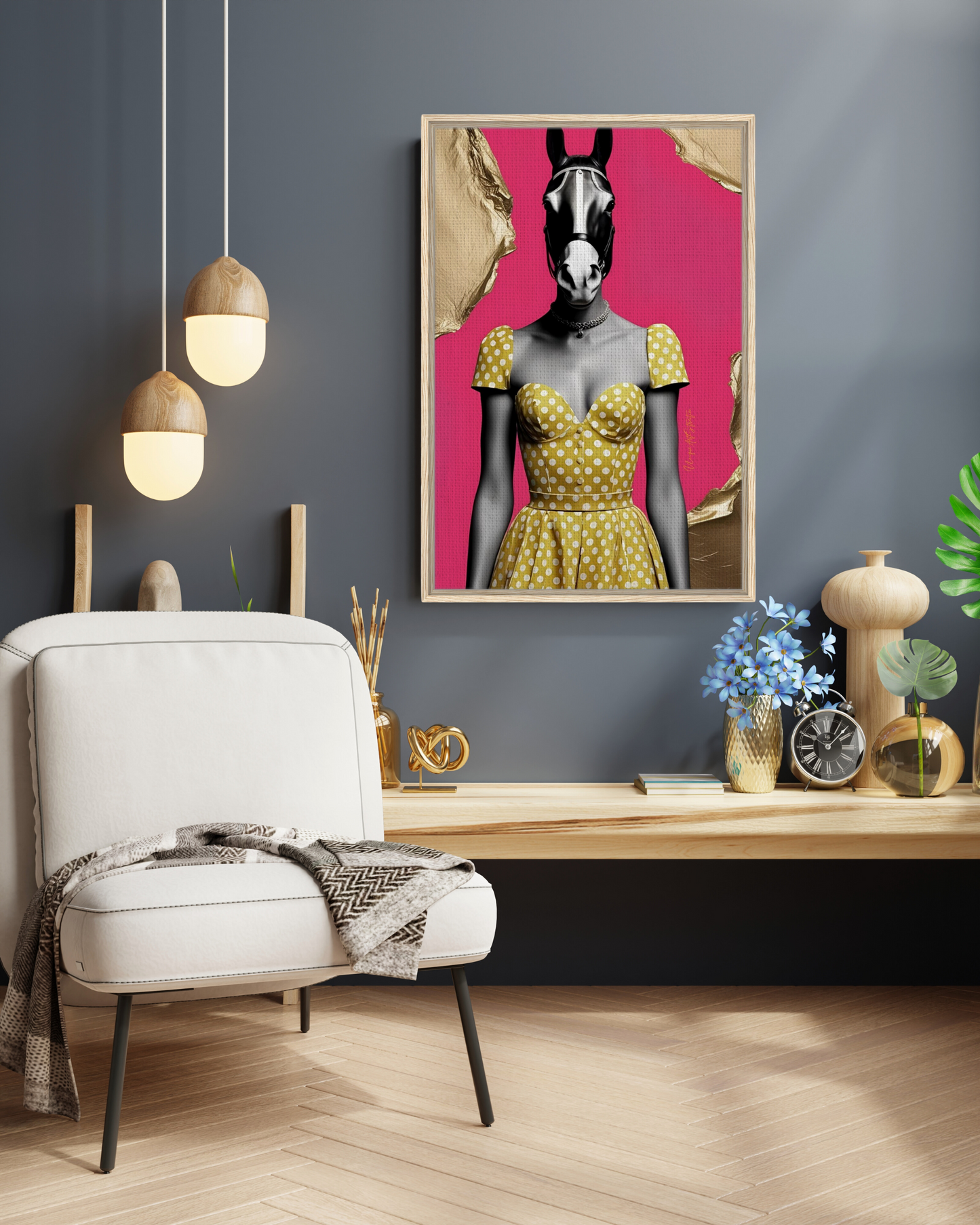 Italian Horse Lady - Extravagante gerahmte Leinwand, Holzrahmen, Luxury Decor, Framed Canva, Italian Design, Trendy Wall Art