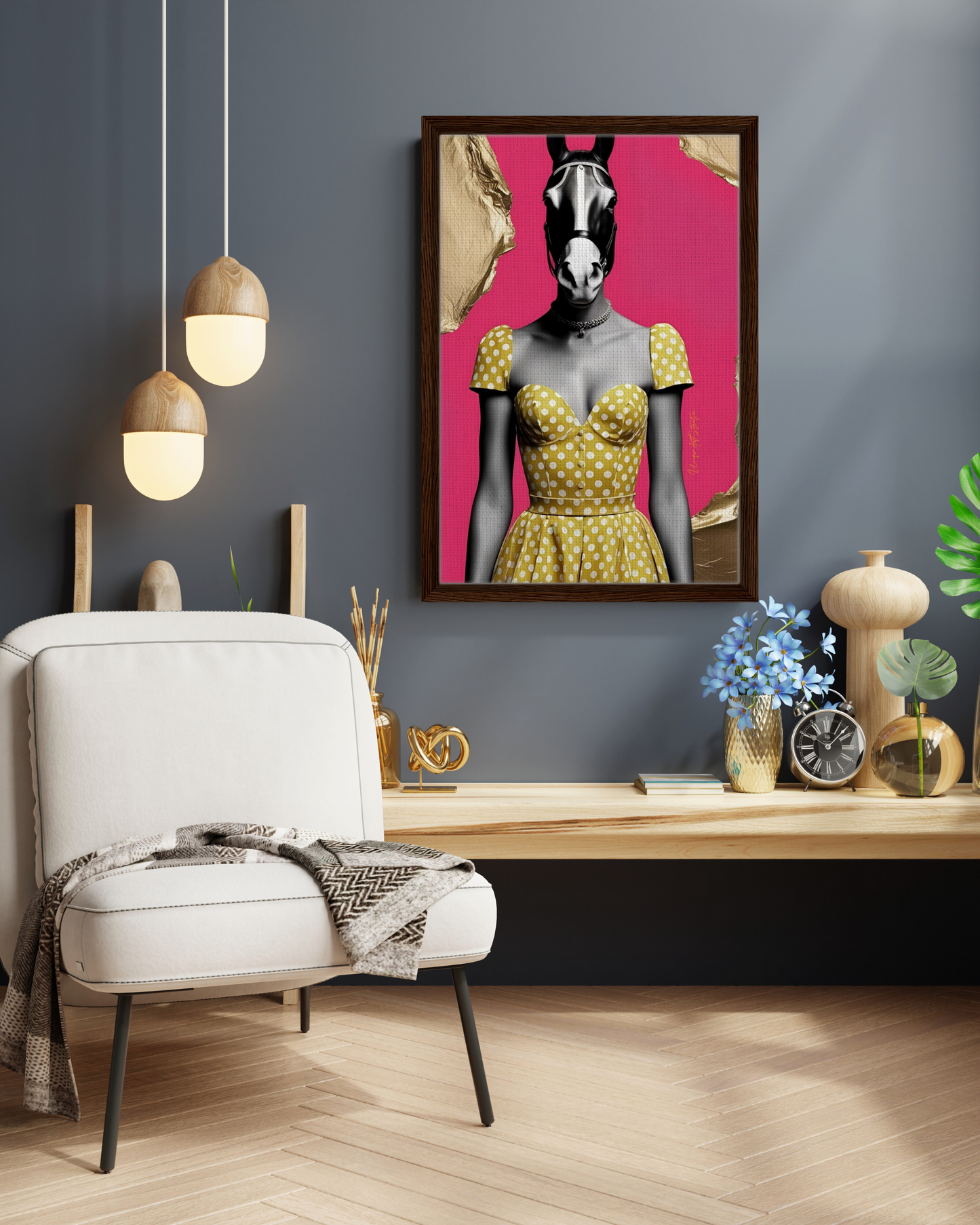 Italian Horse Lady - Extravagante gerahmte Leinwand, Holzrahmen, Luxury Decor, Framed Canva, Italian Design, Trendy Wall Art
