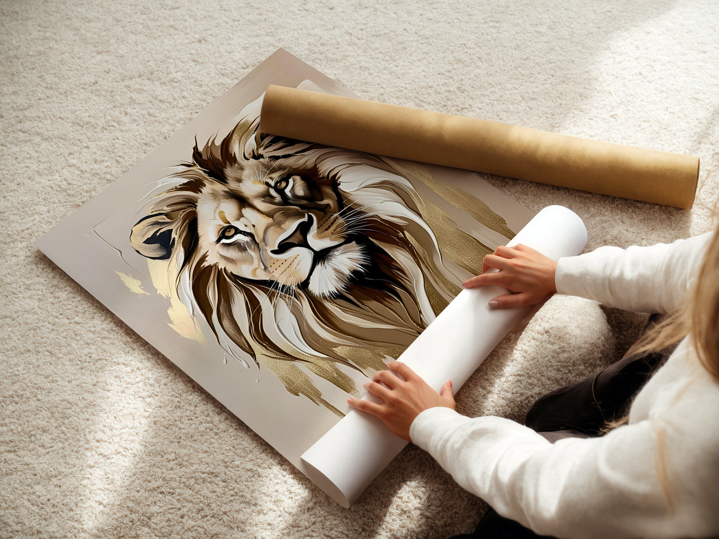 Golden Lion, Löwen Poster, Beige Goldene Wandkunst, Animal Print, Wanddekoration, ungerahmt; Wall Art, Home Decor - Hochwertiges Künstlerpapier, seidenmatt