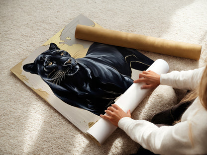 Black Panthera, Panther Poster, Schwarz Goldene Wandkunst, Animal Print, Wanddekoration, ungerahmt; Wall Art, Home Decor - Hochwertiges Künstlerpapier, seidenmatt