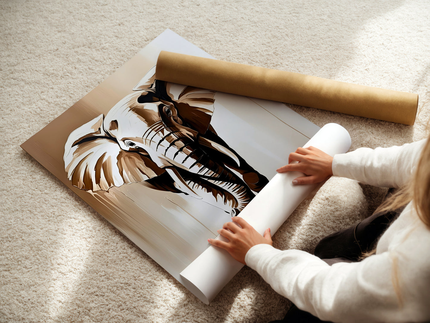 Wise Elephant, Elefanten Poster, Beige Goldene Wandkunst, Animal Print, Wanddekoration, ungerahmt; Wall Art, Home Decor - Hochwertiges Künstlerpapier, seidenmatt