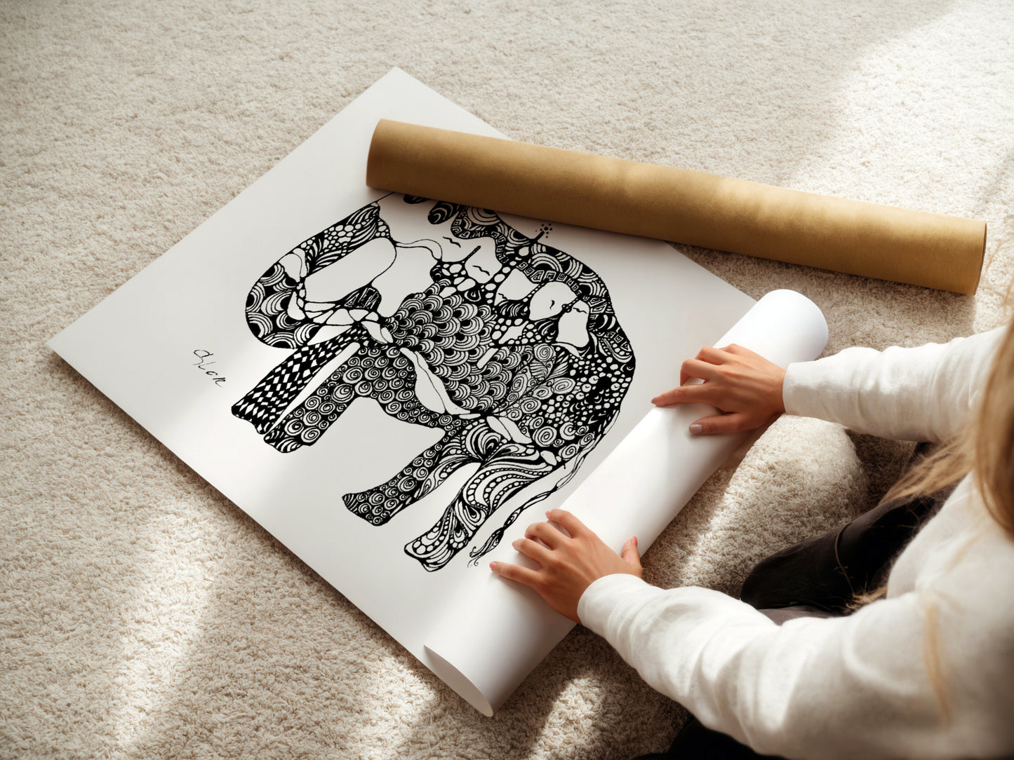 Neurografik Elefant Poster, minimalistische geometrische Wandkunst, Handgezeichnete Wanddeko, ungerahmt, Trendy Wall Art, Wall Decor, Wall Art Prints - Hochwertiges Künstlerpapier, seidenmatt