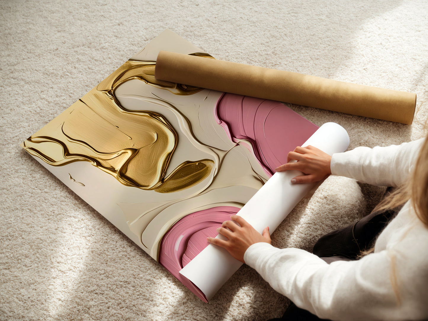 Colors in love Poster, Edler Print in Rosa, Beige und Gold; Wandkunst, ungerahmt, Hochwertiges Künstlerpapier, seidenmatt