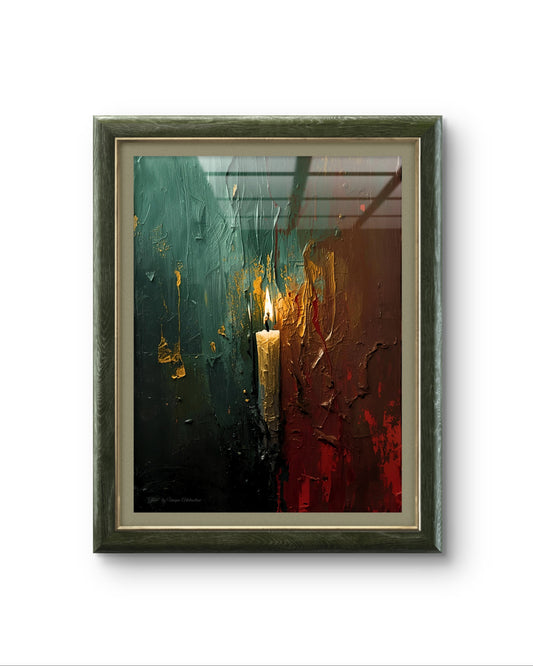 Abstraktes Winterposter einer Kerze in der Dunkelheit – moderne Kunst von Unique ArtStraction, inspiriert von Stille, Klarheit und innerer Ruhe im Winter, Weihnachts Dekoration, Winter Dekoration, Poster