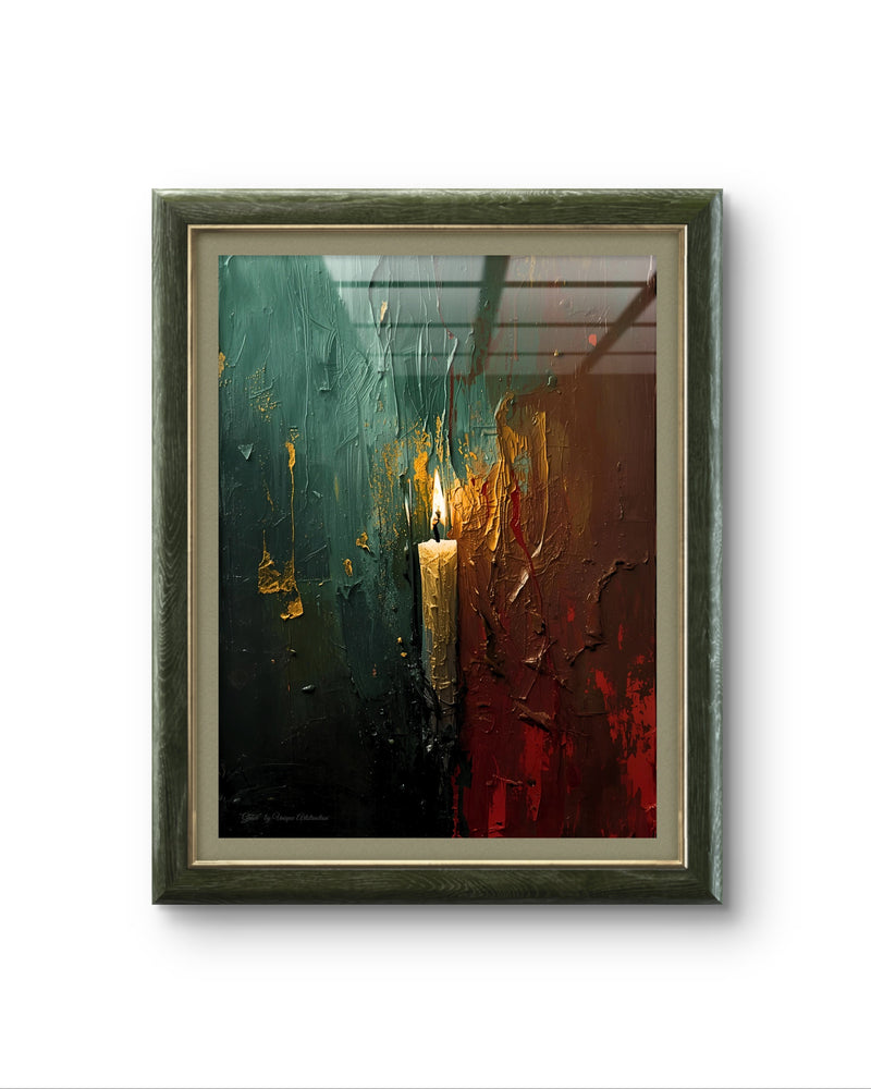 Abstraktes Winterposter einer Kerze in der Dunkelheit – moderne Kunst von Unique ArtStraction, inspiriert von Stille, Klarheit und innerer Ruhe im Winter, Weihnachts Dekoration, Winter Dekoration, Poster