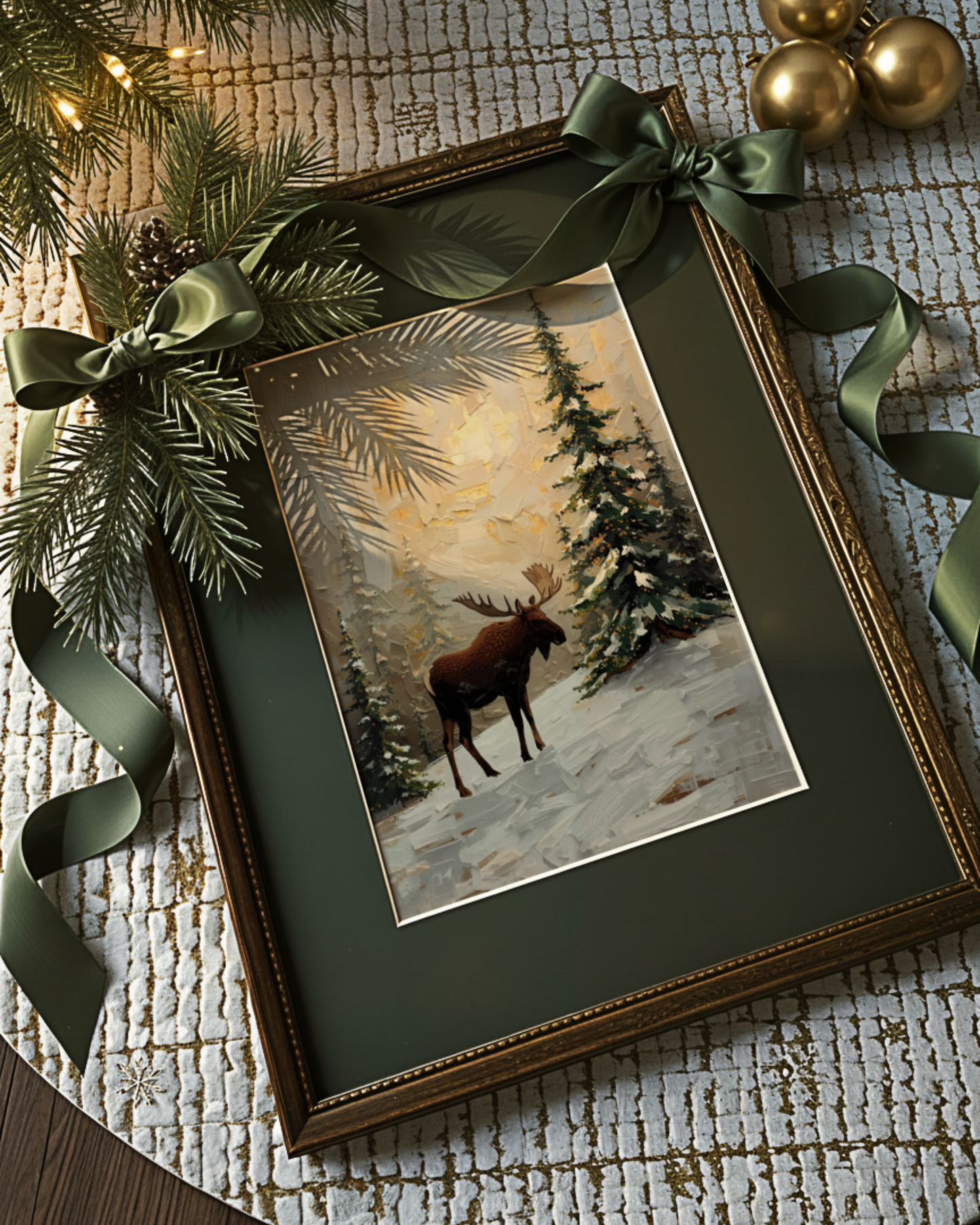 Elegantes Winterposter als Fine Art Print mit abstrakten Rentieren im Schnee. Minimalistische Weihnachtskunst in kühlen Blautönen – moderne Wanddekoration für die Winterzeit.