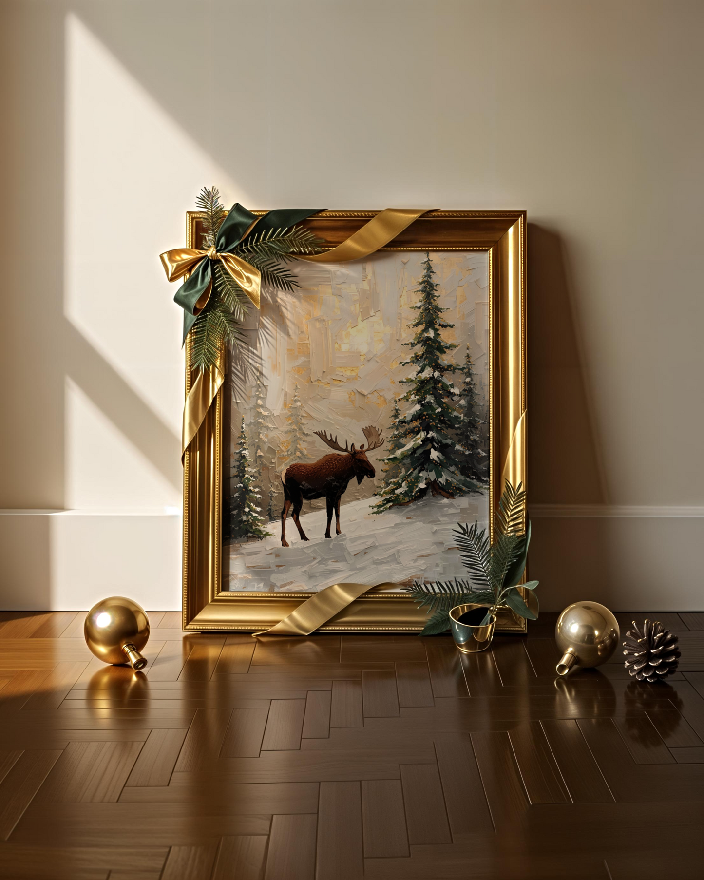 Elegantes Winterposter als Fine Art Print mit abstrakten Rentieren im Schnee. Minimalistische Weihnachtskunst in kühlen Blautönen – moderne Wanddekoration für die Winterzeit.