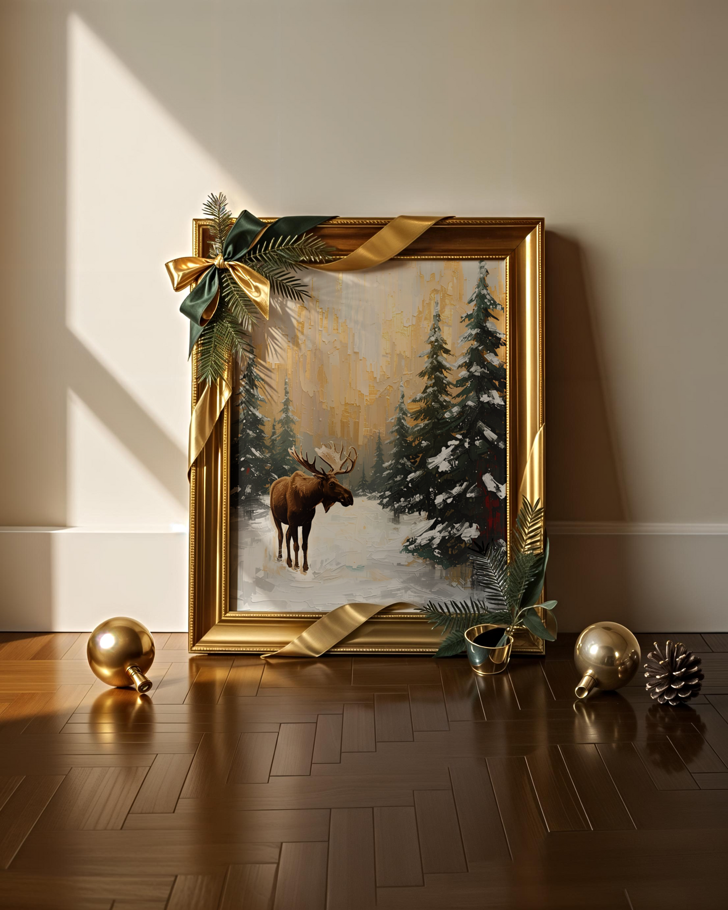 Elegantes Winterposter als Fine Art Print mit abstrakten Rentieren im Schnee. Schöne Weihnachtskunst mit weißer Landschaft – moderne Wanddekoration für die Winterzeit.