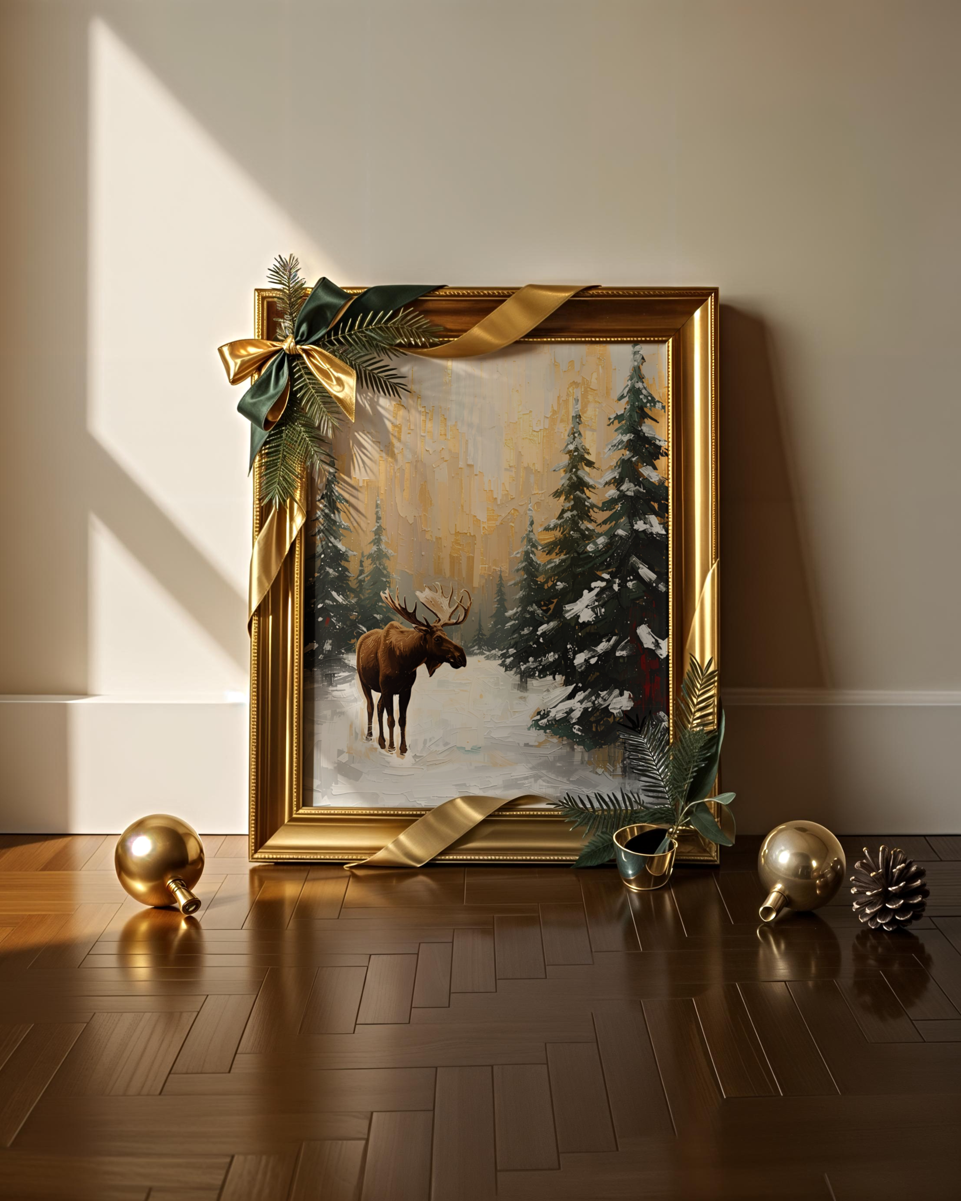 Elegantes Winterposter als Fine Art Print mit abstrakten Rentieren im Schnee. Schöne Weihnachtskunst mit weißer Landschaft – moderne Wanddekoration für die Winterzeit.