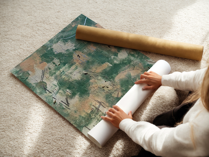 'Green in Harmony' Poster, Grün Beige Silberne Wandkunst, Elegante Wanddeko, Abstrakte Kunst - Hochwertiges Künstlerpapier, seidenmatt