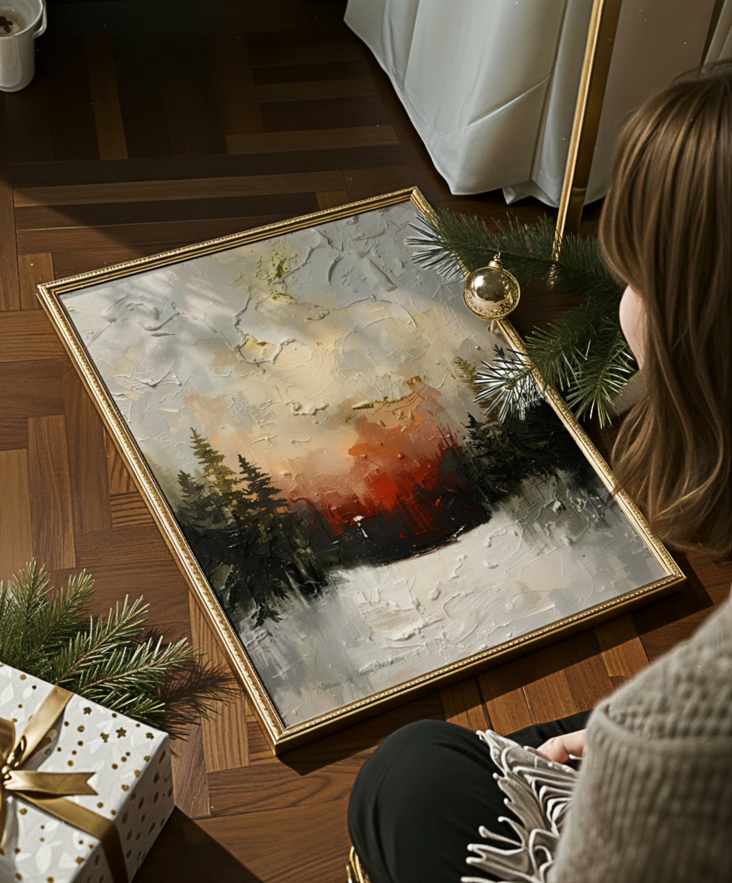 Abstraktes Winterposter mit sanften, warmen Tönen – moderne Kunst von Unique ArtStraction, inspiriert von Stille, Klarheit und innerer Ruhe im Winter, Weihnachten, Schnee