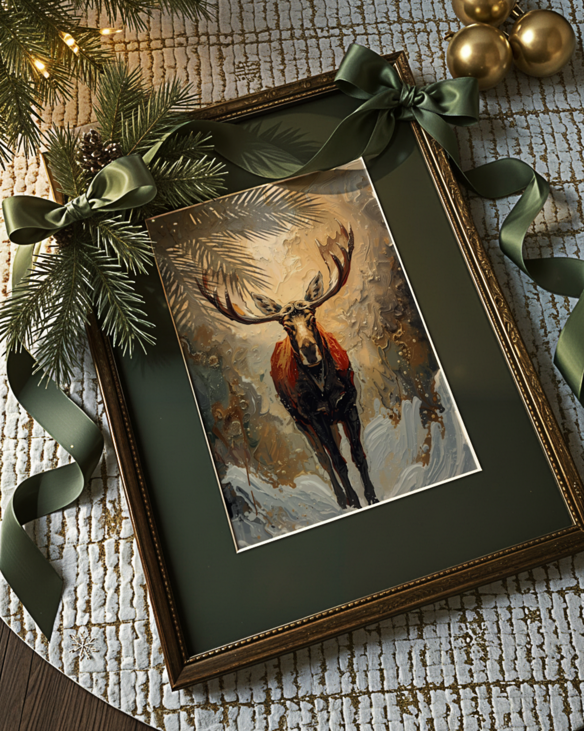 Elegantes Winterposter als Fine Art Print mit abstrakten Rentieren im Schnee. Edle Weihnachtskunst in gold beigen Tönen – moderne Wanddekoration für die Winterzeit.