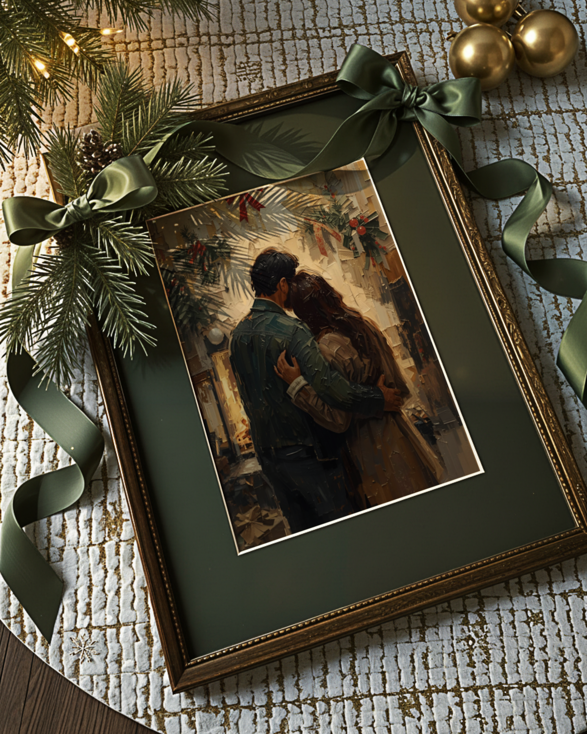 Abstraktes Weihnachtsposter als Fine Art Print mit einem Paar in der Winterzeit. Warmes Licht, sanfte Farben und elegante Formen – moderne Christmas Wall Art voller Zärtlichkeit und festlicher Stimmung.