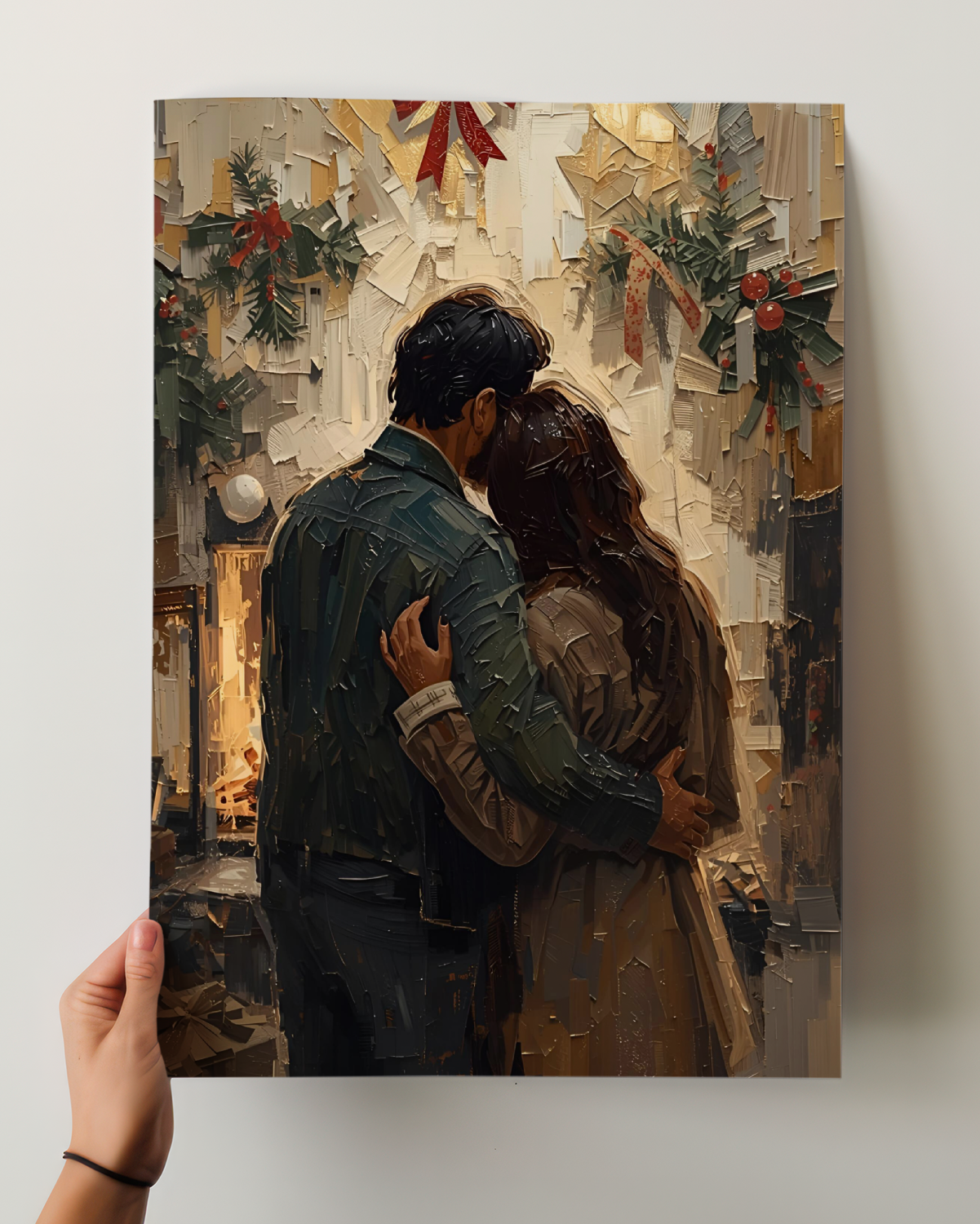 Abstraktes Weihnachtsposter als Fine Art Print mit einem Paar in der Winterzeit. Warmes Licht, sanfte Farben und elegante Formen – moderne Christmas Wall Art voller Zärtlichkeit und festlicher Stimmung.