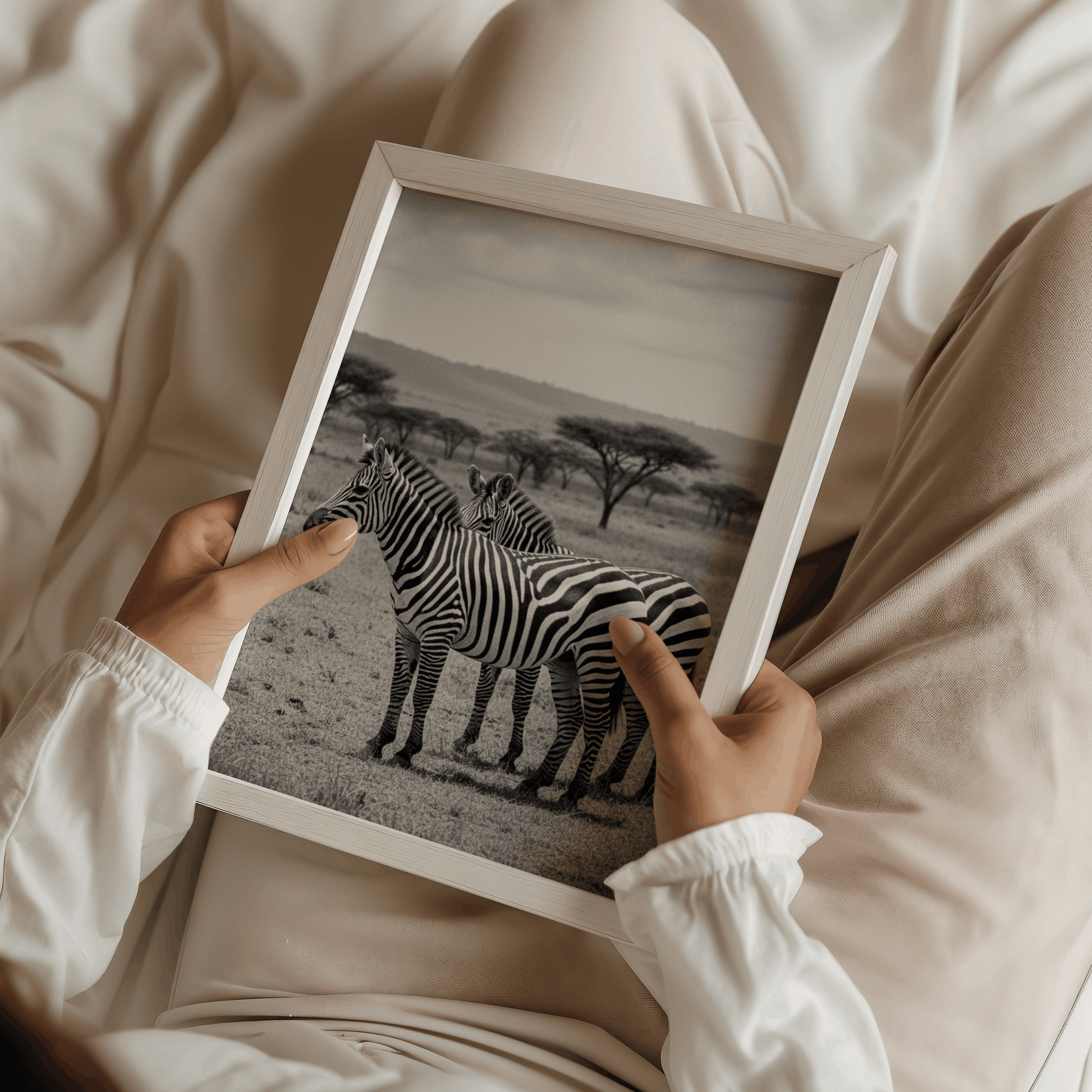 ästhetisches poster von Zebras, schwarz weiß poster, minimalistisches poster, afrikanische Landschaft, Wildnis
