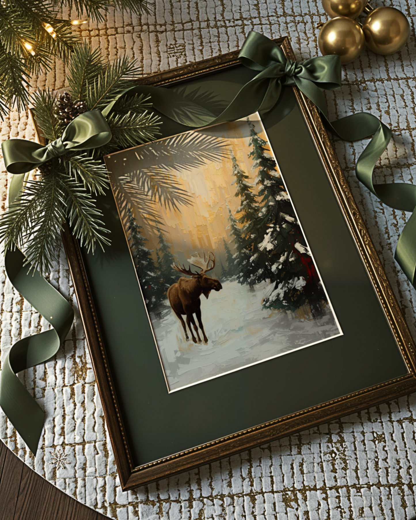 Elegantes Winterposter als Fine Art Print mit abstrakten Rentieren im Schnee. Schöne Weihnachtskunst mit weißer Landschaft – moderne Wanddekoration für die Winterzeit.