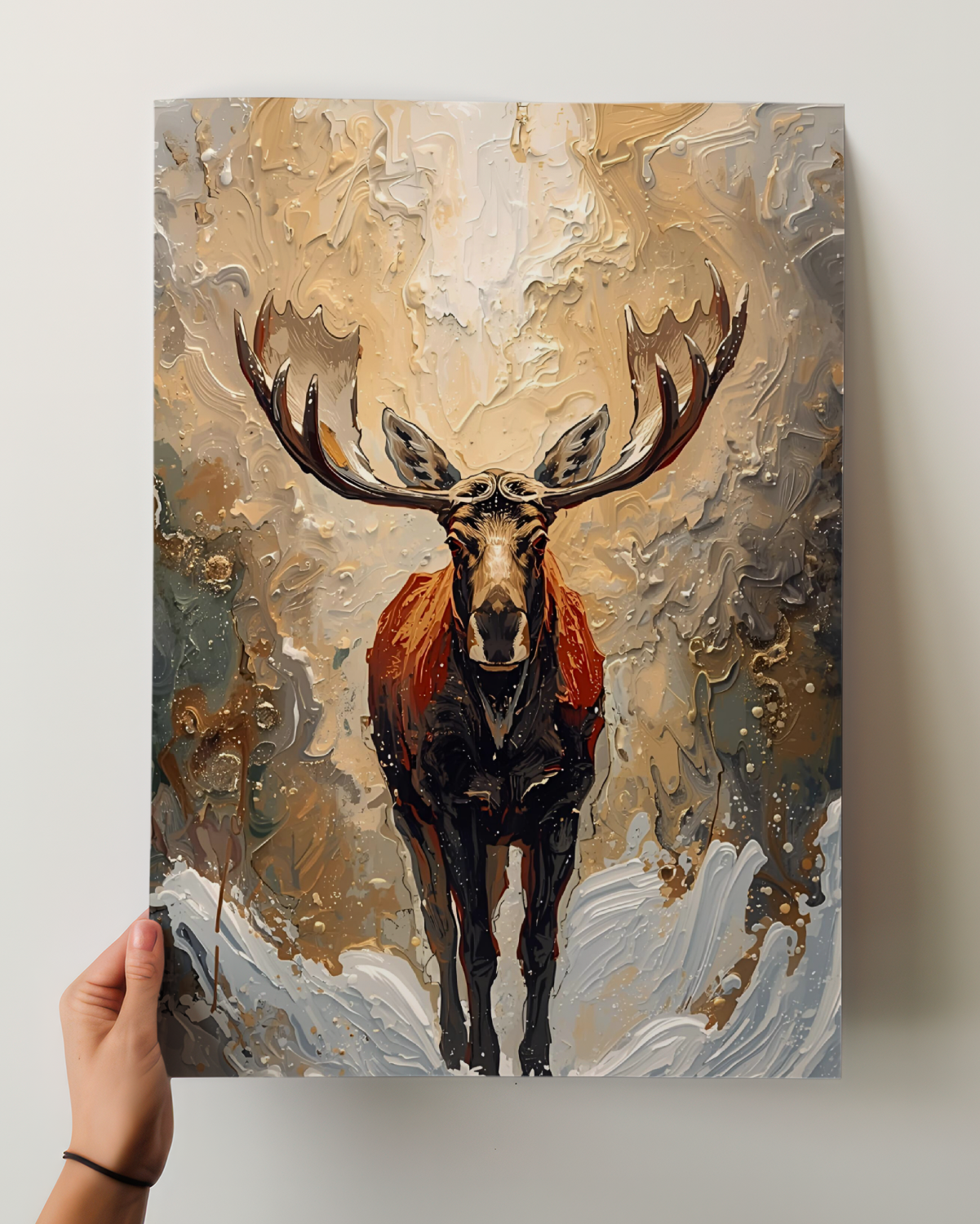 Elegantes Winterposter als Fine Art Print mit abstrakten Rentieren im Schnee. Edle Weihnachtskunst in gold beigen Tönen – moderne Wanddekoration für die Winterzeit.