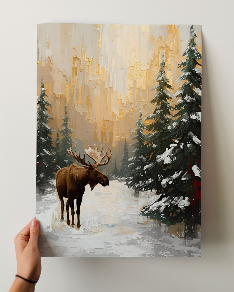 Elegantes Winterposter als Fine Art Print mit abstrakten Rentieren im Schnee. Minimalistische Weihnachtskunst in kühlen Blautönen – moderne Wanddekoration für die Winterzeit.