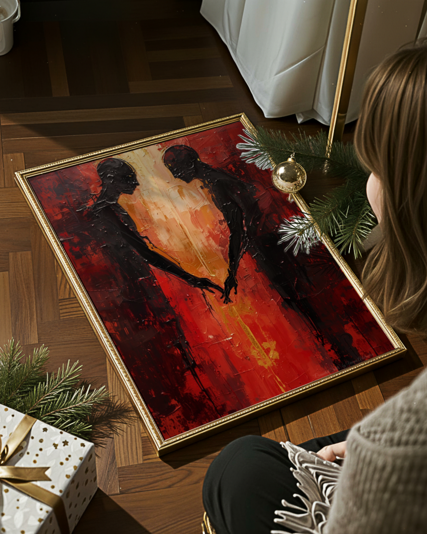 Abstrakte Weihnachtskunst von Unique ArtStraction – Verbindung, Wärme und Achtsamkeit in modernen Farbtönen interpretiert. Dreidimensionale Wirkung, Weihnachten, Geschenk, Elegante Wanddekoration, Ungerahmtes Poster