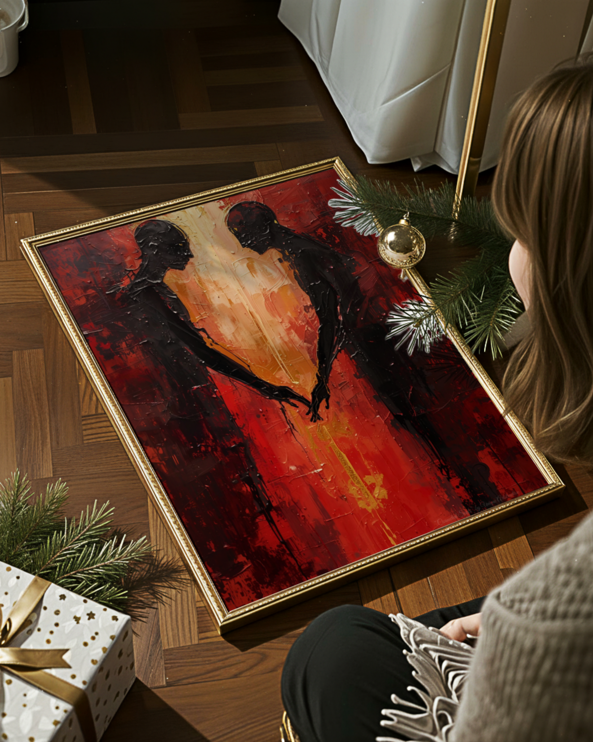 Abstrakte Weihnachtskunst von Unique ArtStraction – Verbindung, Wärme und Achtsamkeit in modernen Farbtönen interpretiert. Dreidimensionale Wirkung, Weihnachten, Geschenk, Elegante Wanddekoration, Ungerahmtes Poster