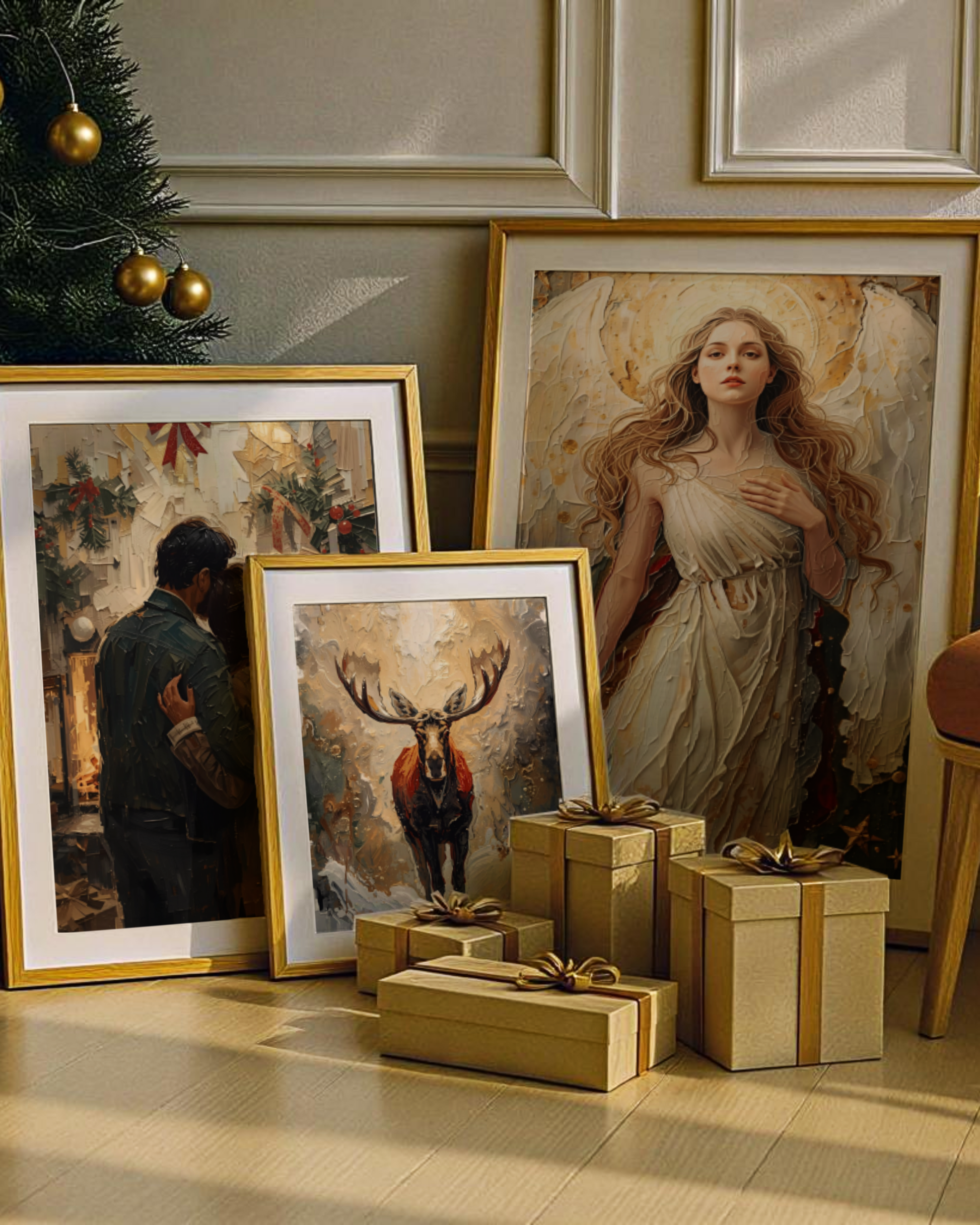 Festliche Weihnachtsposter mit Rot und gold, Beige Goldene Ästhetik