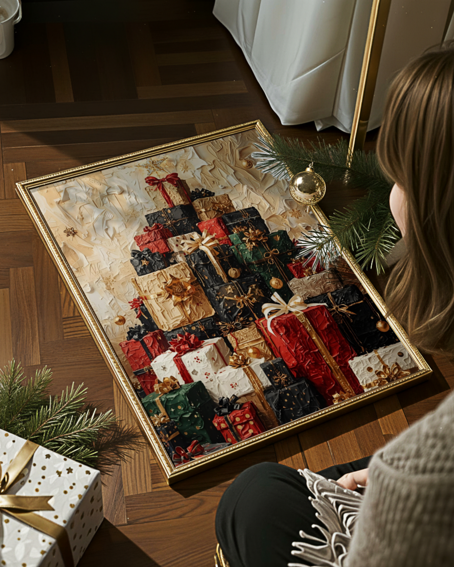 Modernes Weihnachtsposter als Fine Art Print – abstrakter Berg aus festlichen Geschenken in warmen Goldtönen. Edle Weihnachtskunst für stilvolle Interior-Dekoration.