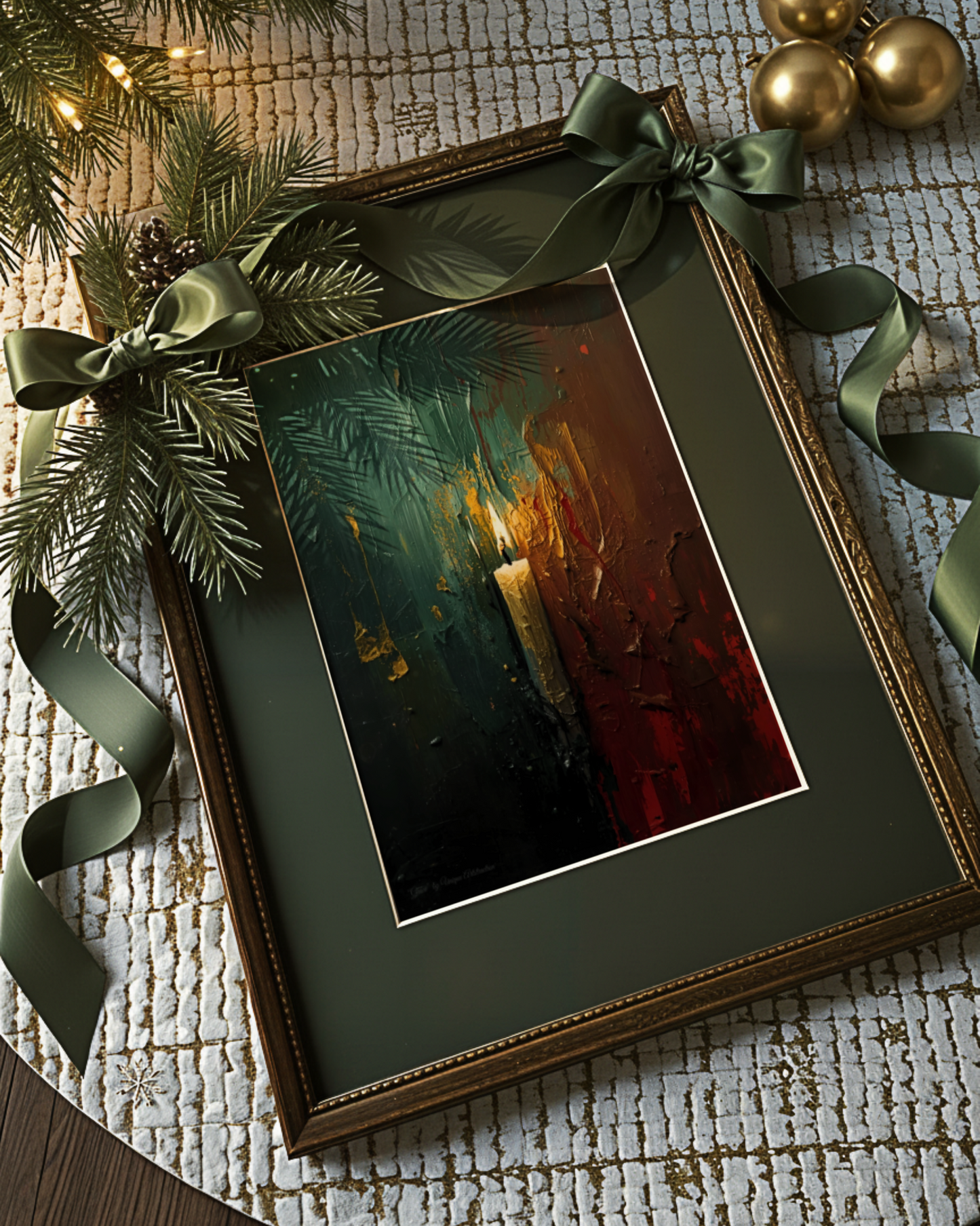 Abstraktes Winterposter einer Kerze in der Dunkelheit – moderne Kunst von Unique ArtStraction, inspiriert von Stille, Klarheit und innerer Ruhe im Winter, Weihnachts Dekoration, Winter Dekoration, Ungerahmtes Poster