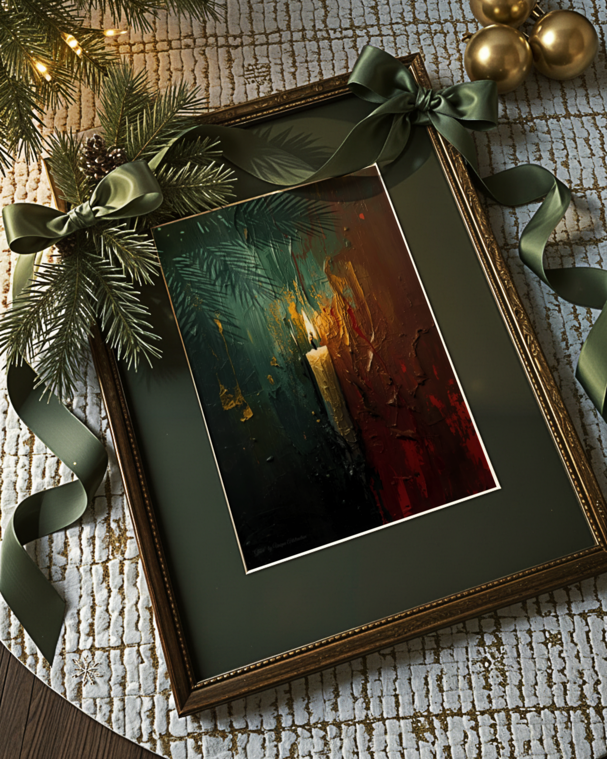 Abstraktes Winterposter einer Kerze in der Dunkelheit – moderne Kunst von Unique ArtStraction, inspiriert von Stille, Klarheit und innerer Ruhe im Winter, Weihnachts Dekoration, Winter Dekoration, Ungerahmtes Poster