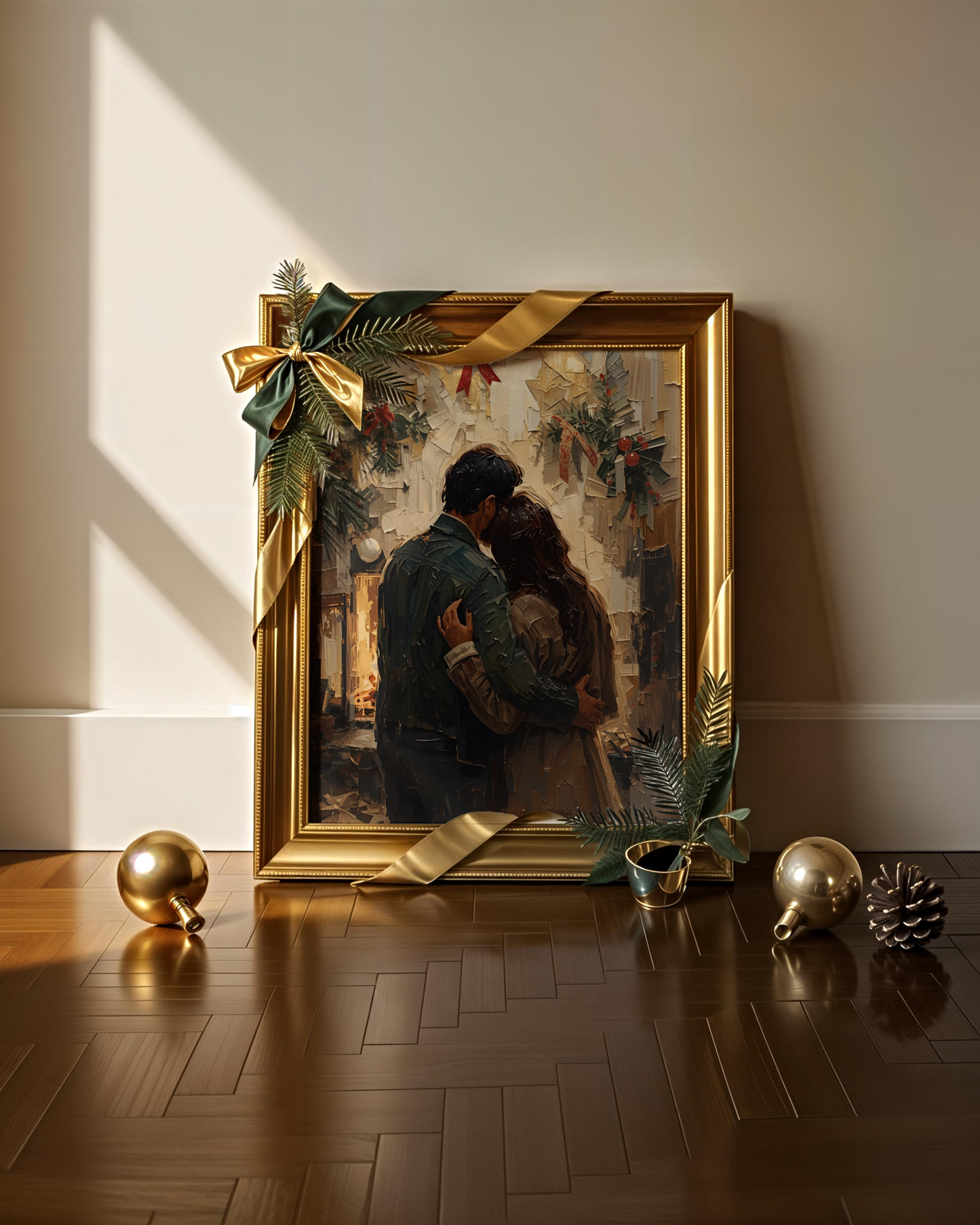 Abstraktes Weihnachtsposter als Fine Art Print mit einem Paar in der Winterzeit. Warmes Licht, sanfte Farben und elegante Formen – moderne Christmas Wall Art voller Zärtlichkeit und festlicher Stimmung.