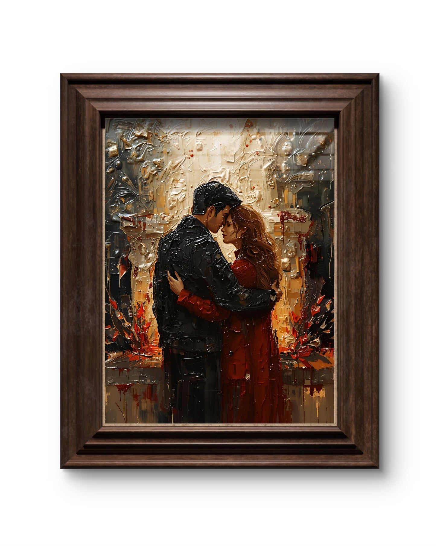 Abstraktes Weihnachtsposter als Fine Art Print mit einem Paar in der Winterzeit. Warmes Licht, sanfte Farben und elegante Formen – moderne Christmas Wall Art voller Zärtlichkeit und festlicher Stimmung.