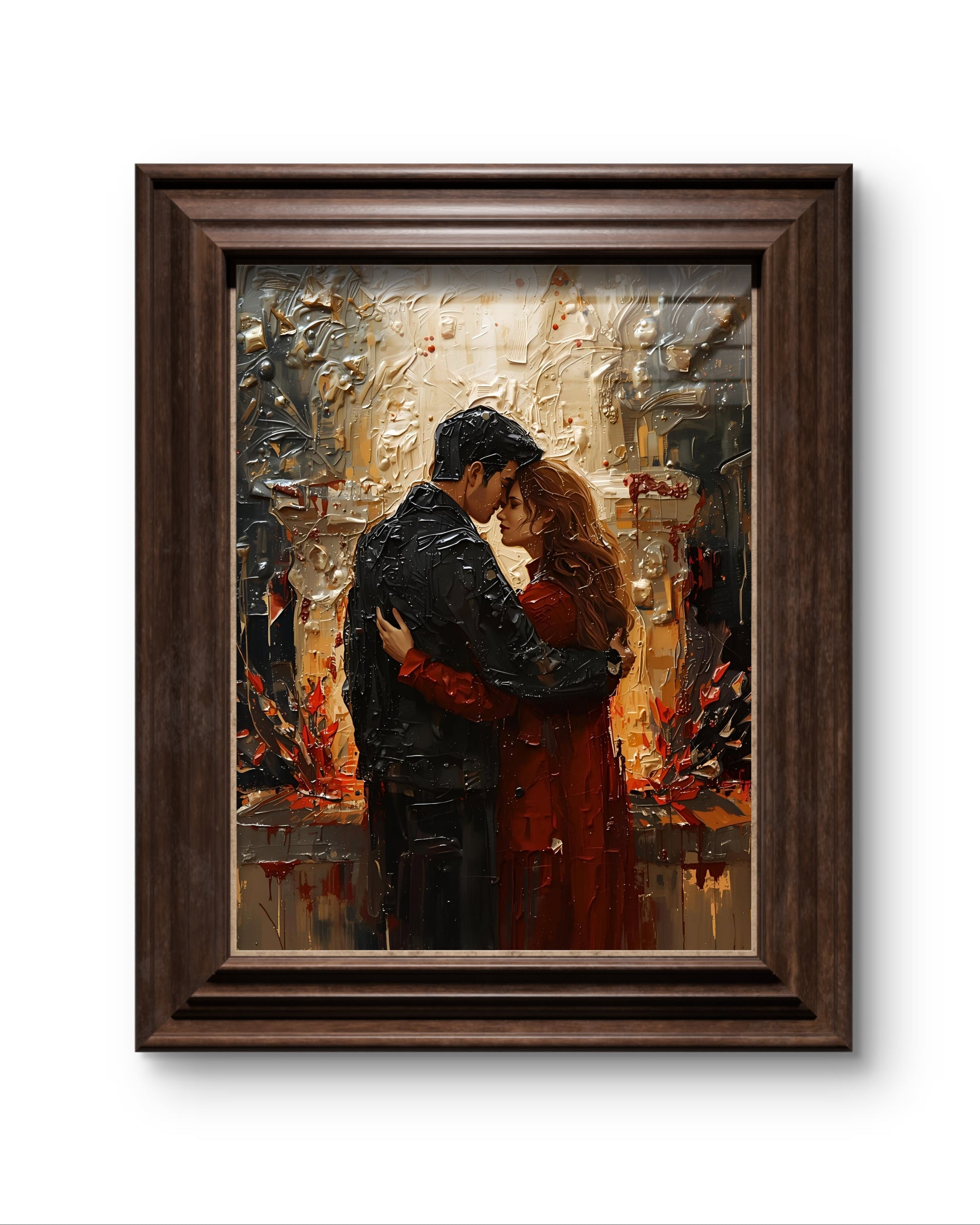 Abstraktes Weihnachtsposter als Fine Art Print mit einem Paar in der Winterzeit. Warmes Licht, sanfte Farben und elegante Formen – moderne Christmas Wall Art voller Zärtlichkeit und festlicher Stimmung.