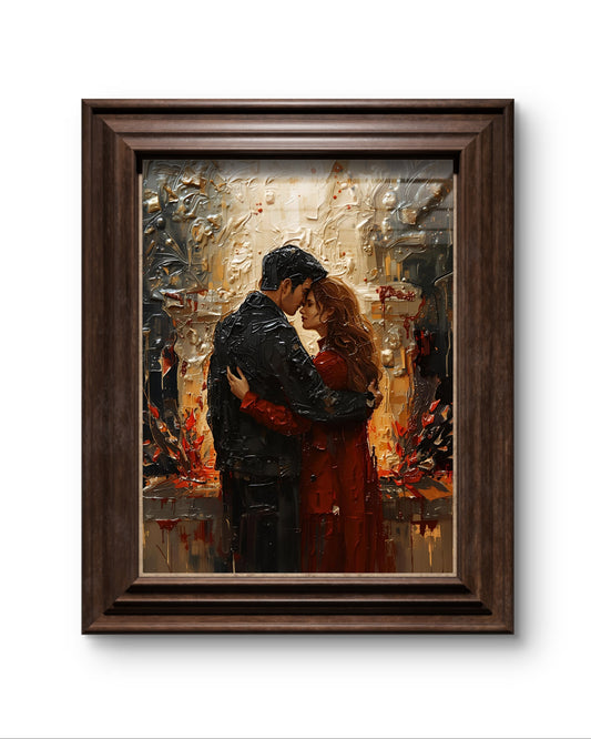 Abstraktes Weihnachtsposter als Fine Art Print mit einem Paar in der Winterzeit. Warmes Licht, sanfte Farben und elegante Formen – moderne Christmas Wall Art voller Zärtlichkeit und festlicher Stimmung.