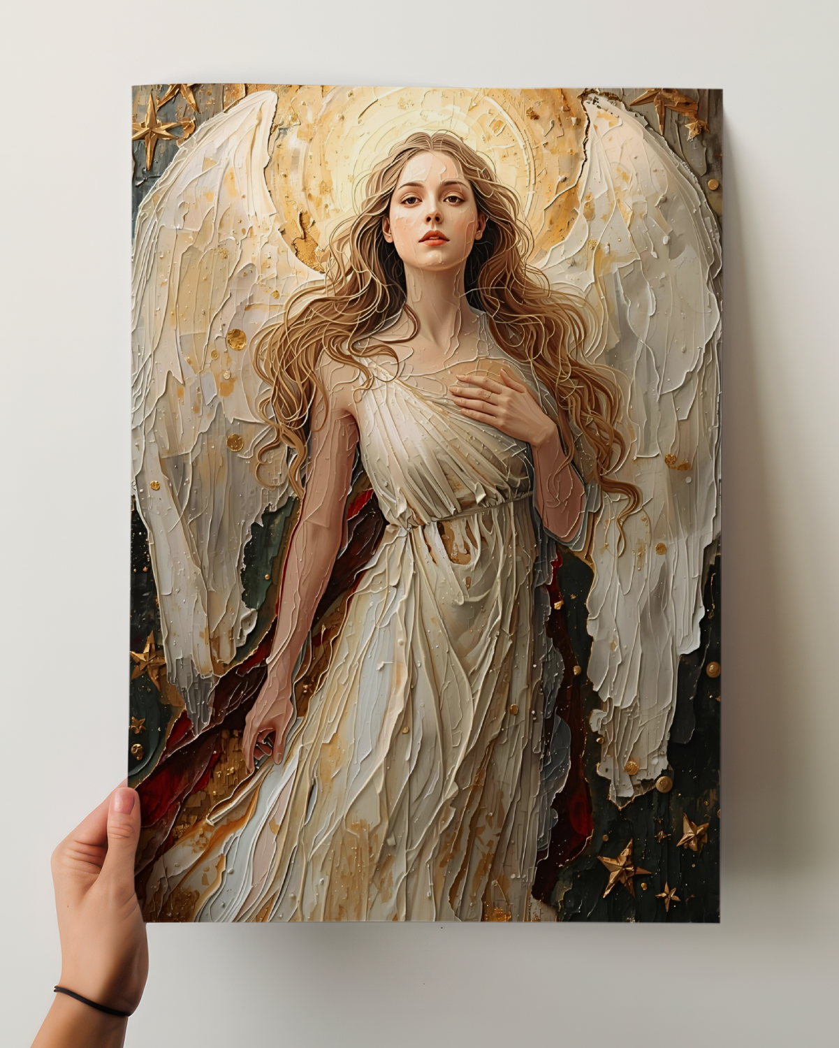 Abstrakter Engel Fine Art Print – leuchtendes Weihnachtsposter mit goldenen und weißen Lichtakzenten. Himmlische Winter Edition Wandkunst voller Ruhe und Eleganz.