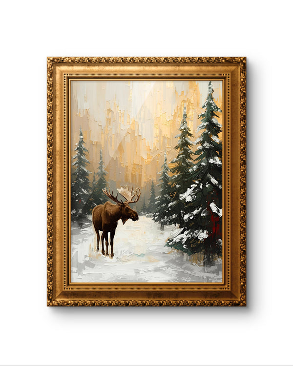 Elegantes Winterposter als Fine Art Print mit abstrakten Rentieren im Schnee. Minimalistische Weihnachtskunst in kühlen Blautönen – moderne Wanddekoration für die Winterzeit.