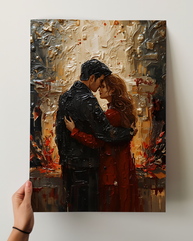 Abstraktes Weihnachtsposter als Fine Art Print mit einem Paar in der Winterzeit. Warmes Licht, sanfte Farben und elegante Formen – moderne Christmas Wall Art voller Zärtlichkeit und festlicher Stimmung.