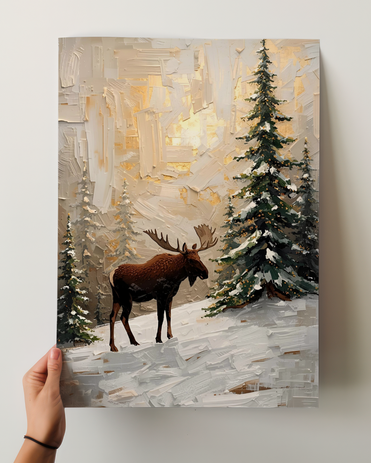 Elegantes Winterposter als Fine Art Print mit abstrakten Rentieren im Schnee. Minimalistische Weihnachtskunst in kühlen Blautönen – moderne Wanddekoration für die Winterzeit.