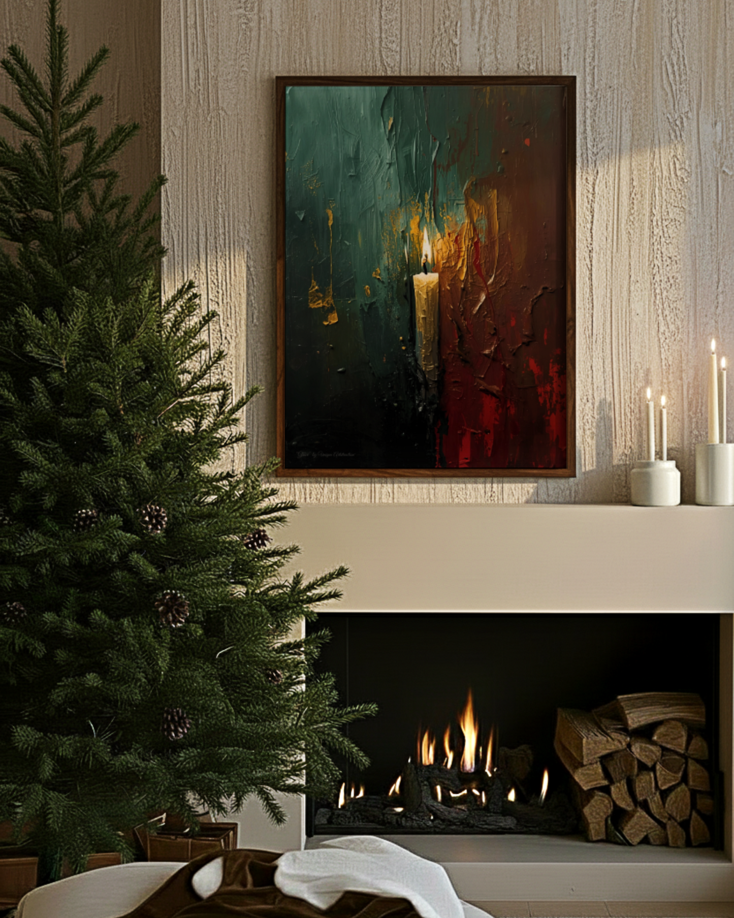 Abstraktes Winterposter einer Kerze in der Dunkelheit – moderne Kunst von Unique ArtStraction, inspiriert von Stille, Klarheit und innerer Ruhe im Winter, Weihnachts Dekoration, Winter Dekoration,  Ungerahmtes Poster