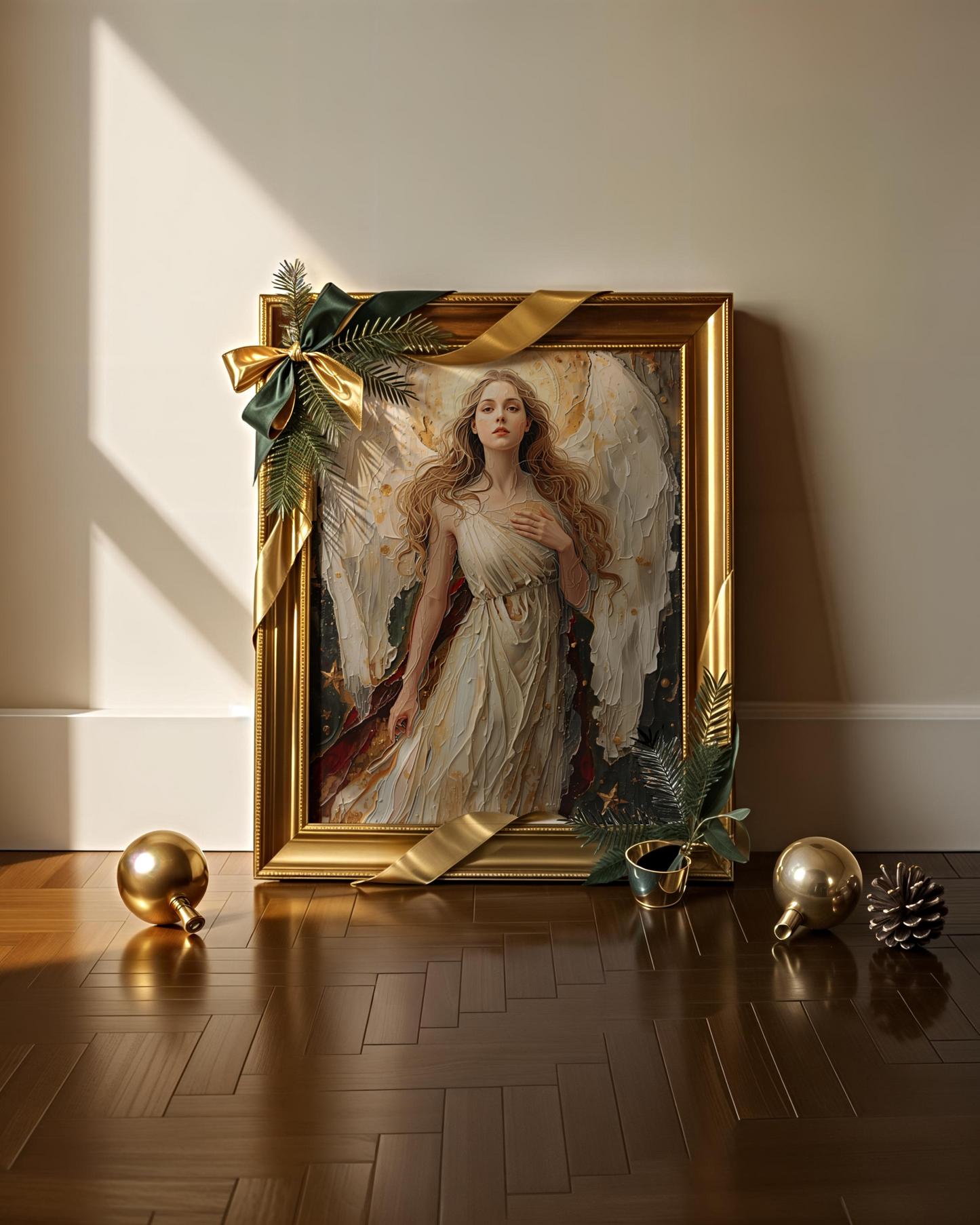 Abstrakter Engel Fine Art Print – leuchtendes Weihnachtsposter mit goldenen und weißen Lichtakzenten. Himmlische Winter Edition Wandkunst voller Ruhe und Eleganz.