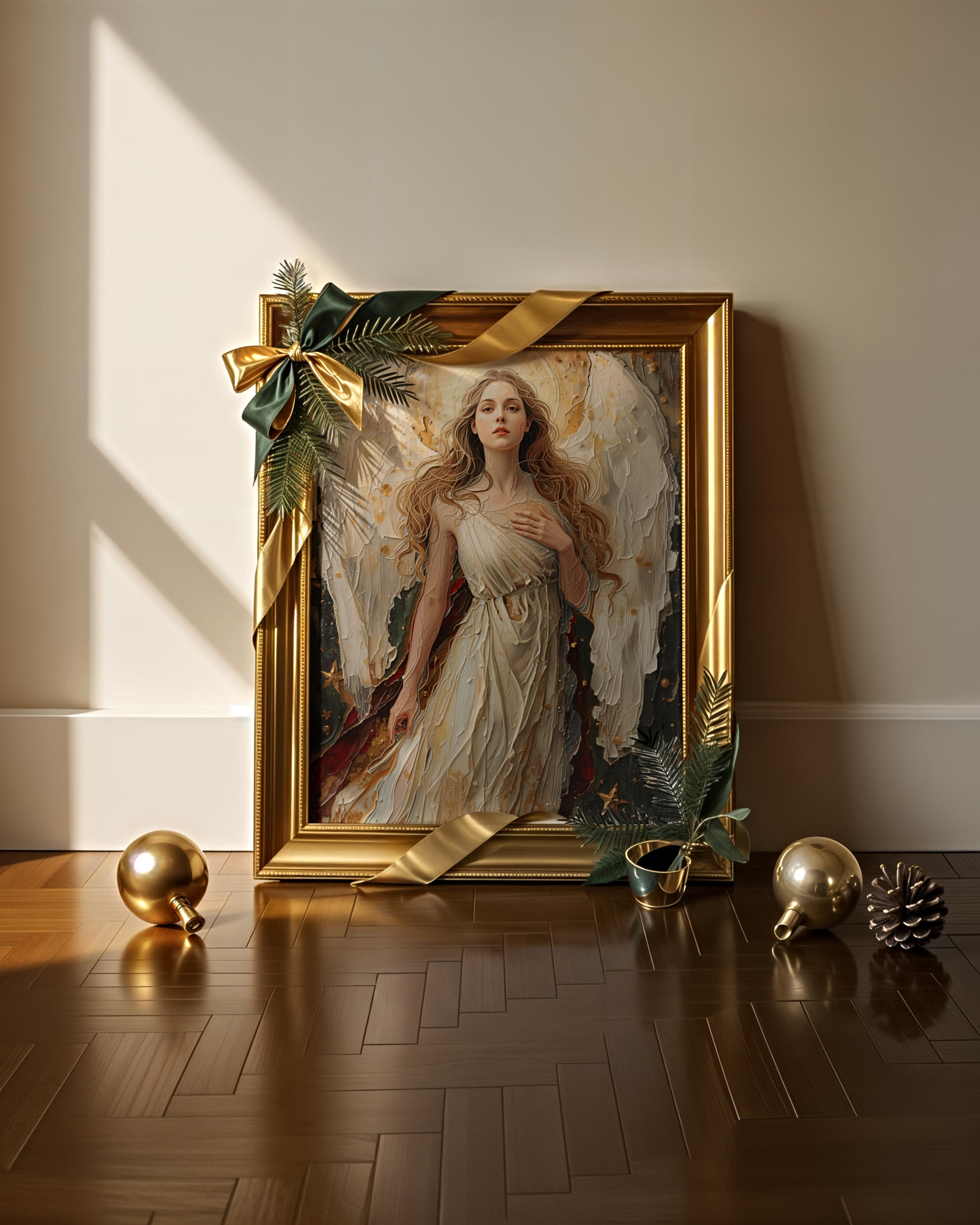 Abstrakter Engel Fine Art Print – leuchtendes Weihnachtsposter mit goldenen und weißen Lichtakzenten. Himmlische Winter Edition Wandkunst voller Ruhe und Eleganz.
