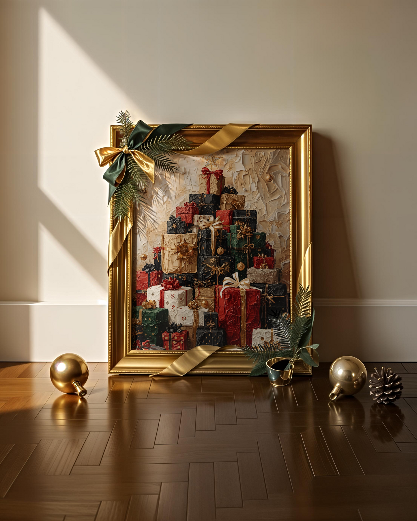 Modernes Weihnachtsposter als Fine Art Print – abstrakter Berg aus festlichen Geschenken in warmen Goldtönen. Edle Weihnachtskunst für stilvolle Interior-Dekoration.
