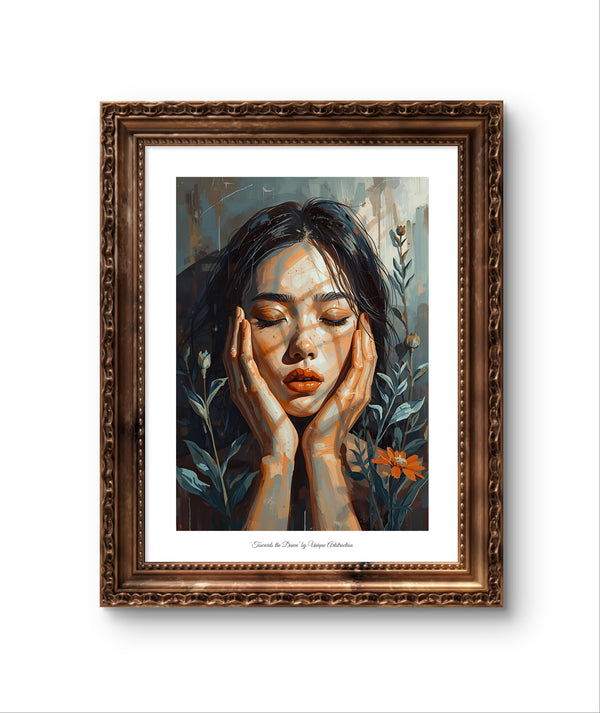 'Towards the Dawn' Feminines Porträt Poster über Entschlossenheit in antikem Holzrahmen, ideal für moderne Wohnraumgestaltung
